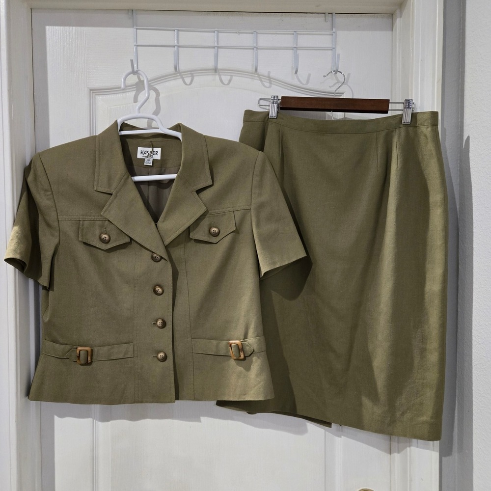 Kasper for asl VTG Skirt Suit Women 16 Olive Green Linen Blend Safari Blazer Set